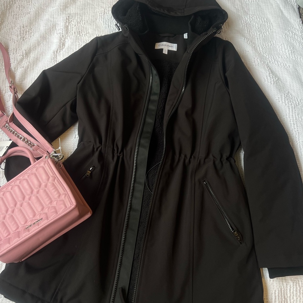 Calvin Klein Black Trench Coat with Pink Bag
